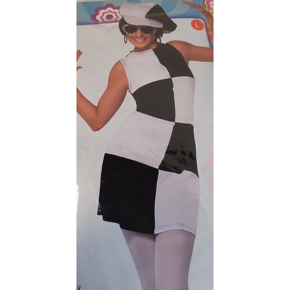 Smiffys Fabulous 60s Sexy Party Girl Halloween Costume LG Dress Hat Black White